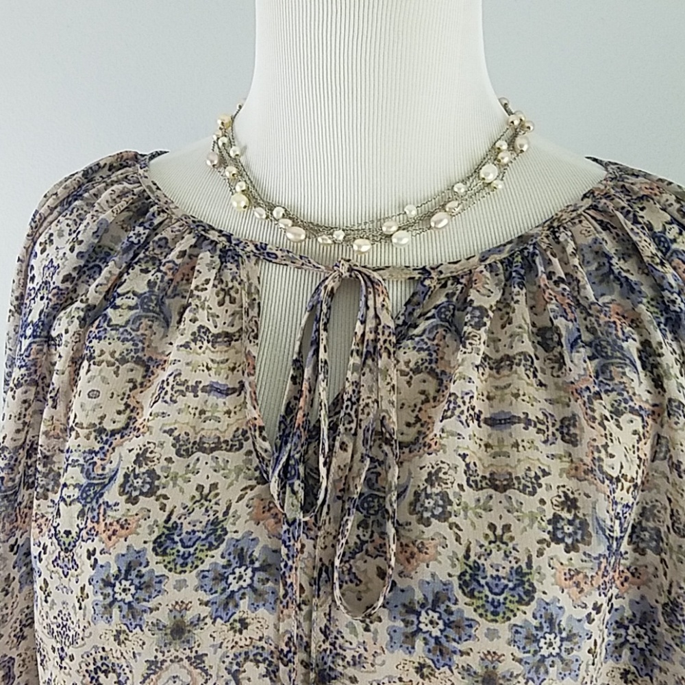 CAbi XS sheer floral tunic long sleeve top XS top shirt blouse pink blue